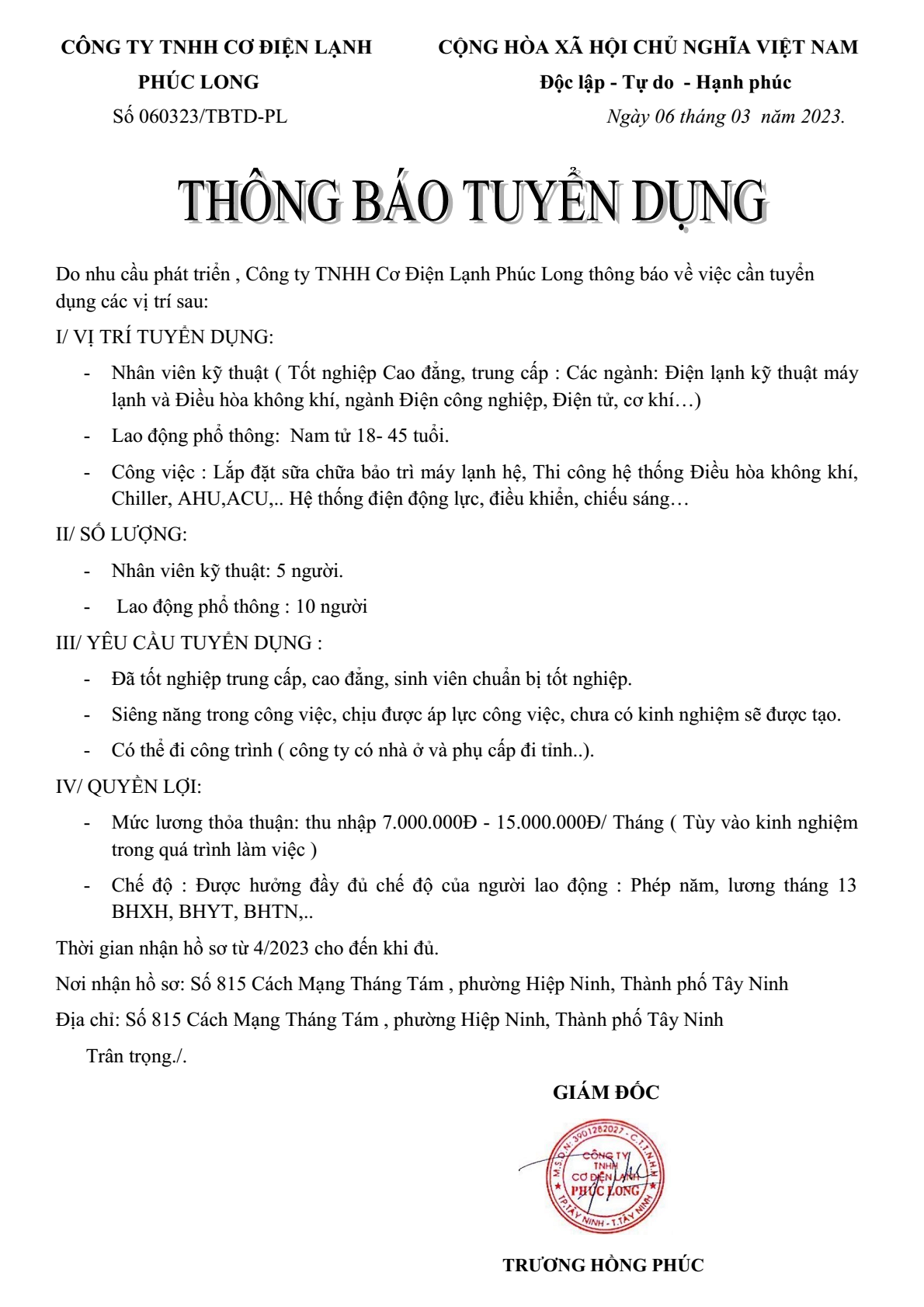 Công ty TNHH Cơ điện lạnh Phúc Long Tuyển dụng